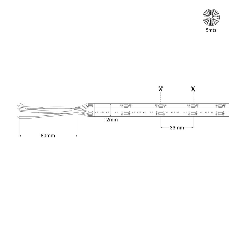 24V DC COB LED Strip - RGB/RGBWW - 19W/m - 12mm - IP20 - 5 meters roll - Cut every 33mm